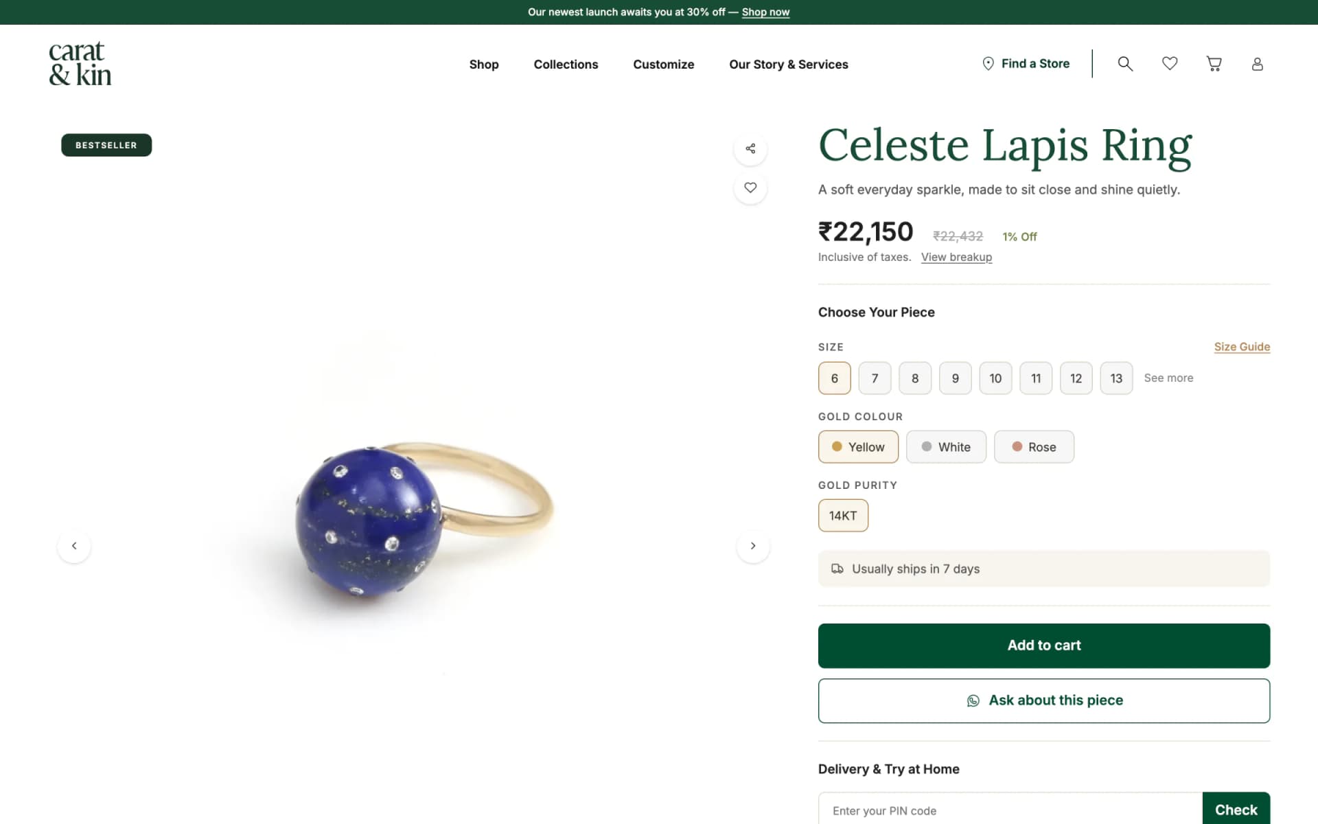 Carat & Kin product page for a lapis lazuli and diamond ring