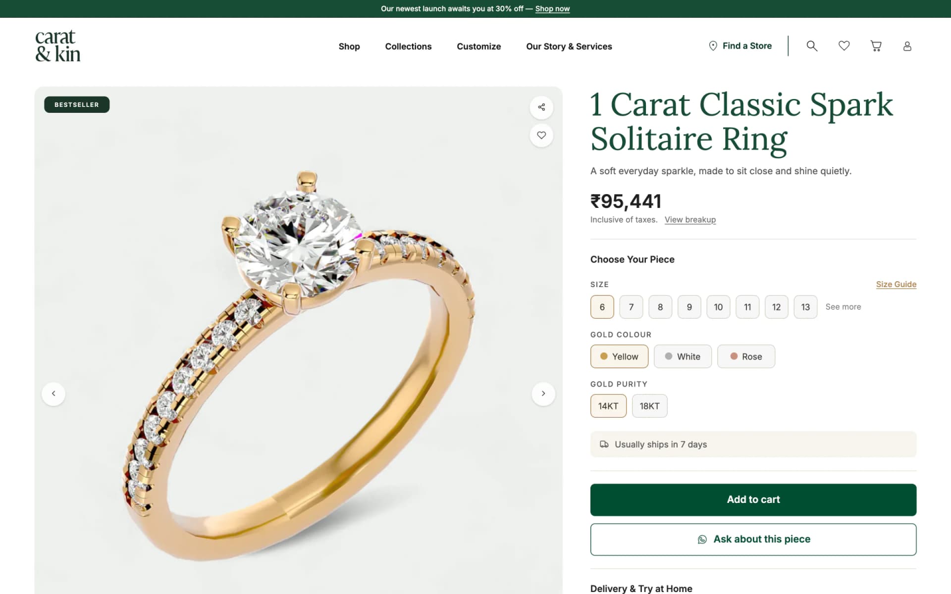 Carat & Kin product page for a solitaire ring