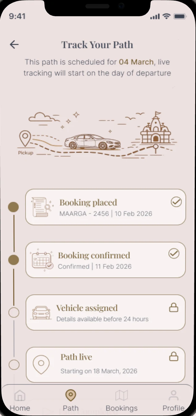 Maarga mobile app showing the stages of a pilgrimage booking