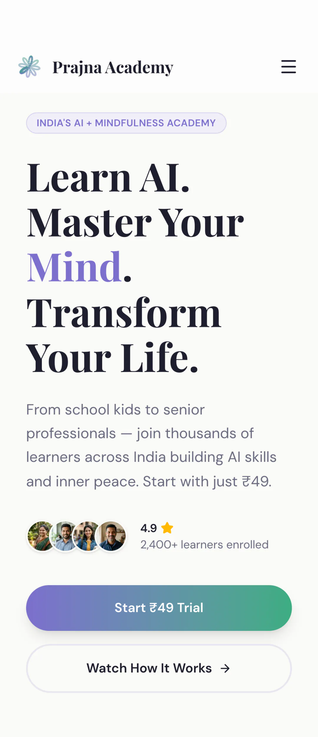 Prajna Academy home page on a phone