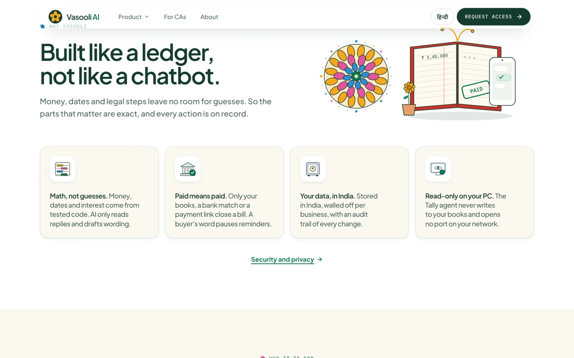 Vasooli AI section explaining it is built like a ledger, not a chatbot