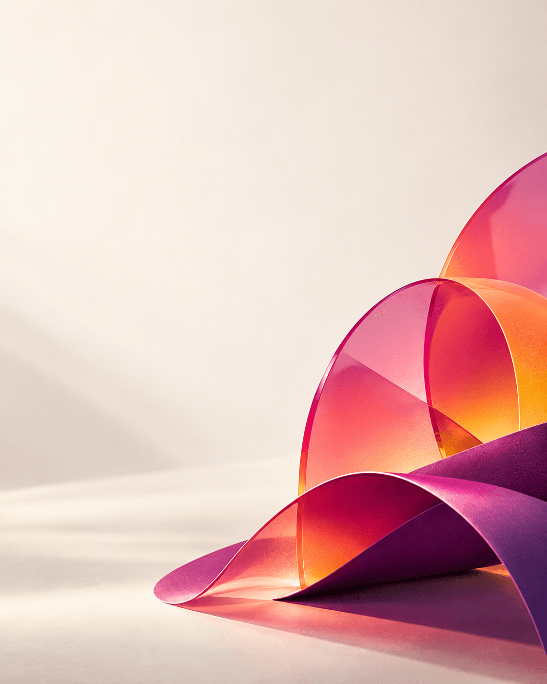 Promptly AI hiring artwork — translucent ribbons of colour folding into one form