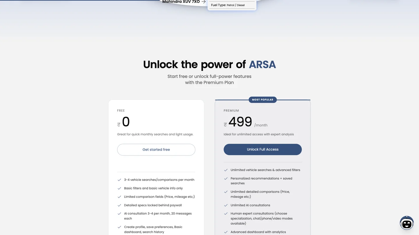 ARSA website with free and premium subscription plans