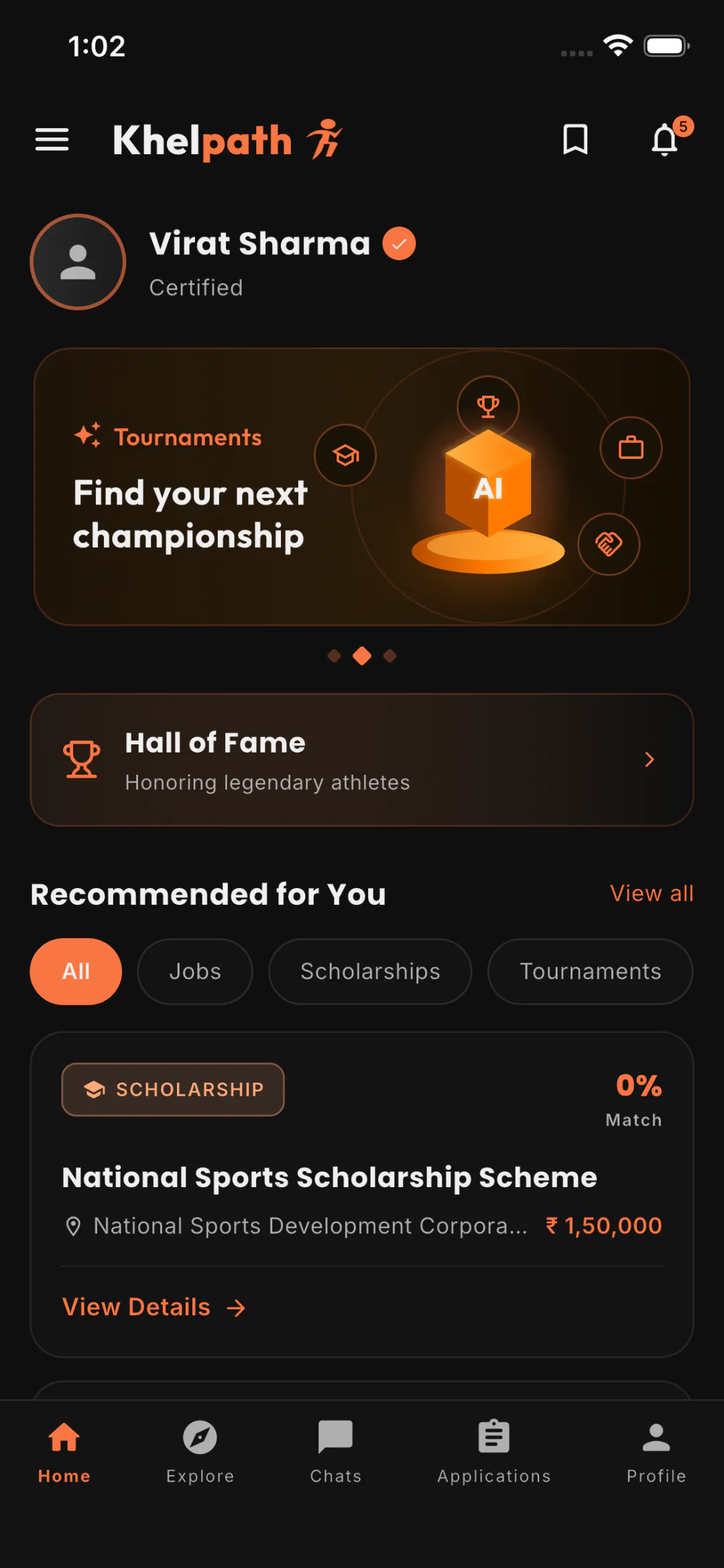 Khelpath Flutter app home with tournaments, Hall of Fame and recommended opportunities