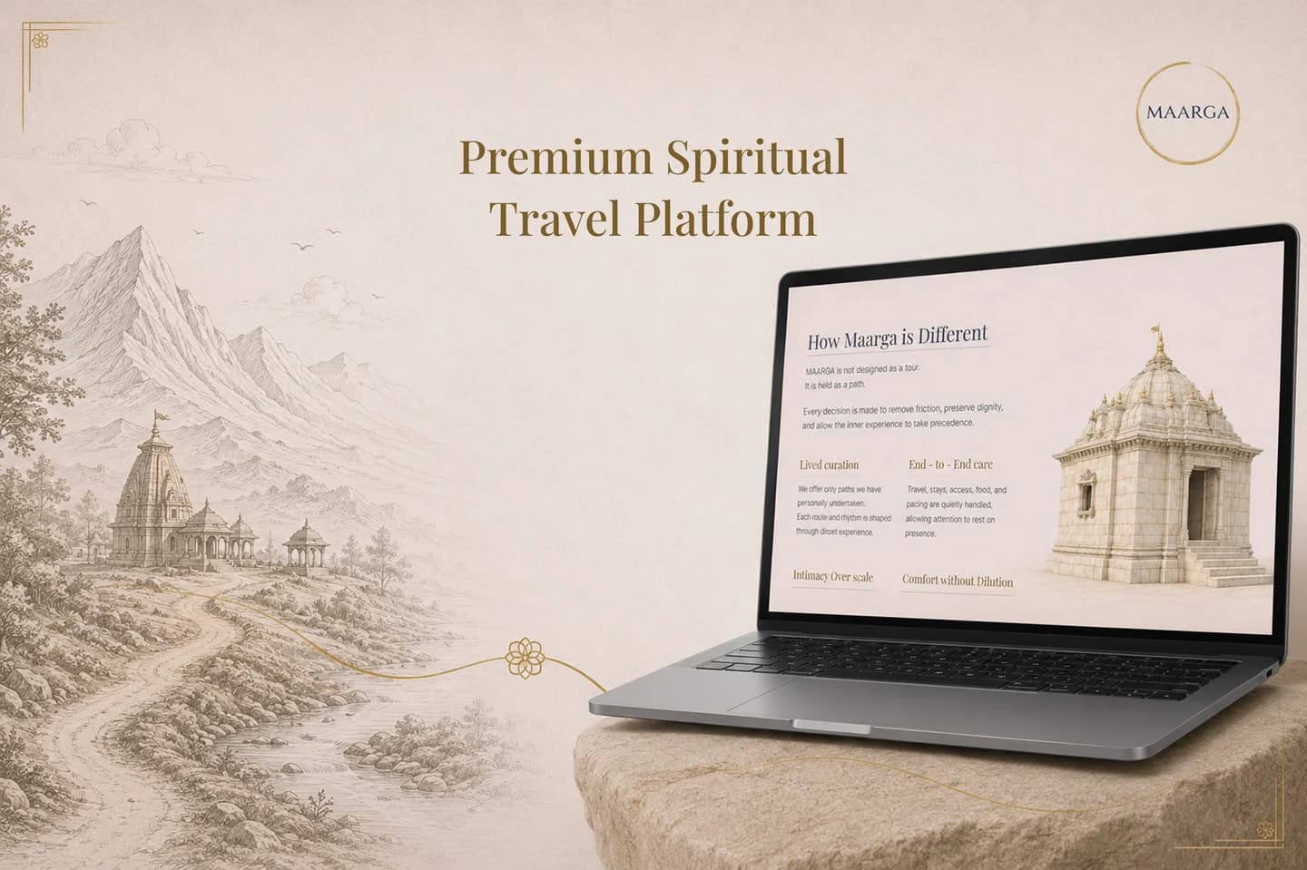 Maarga product presentation with its spiritual travel website on a laptop