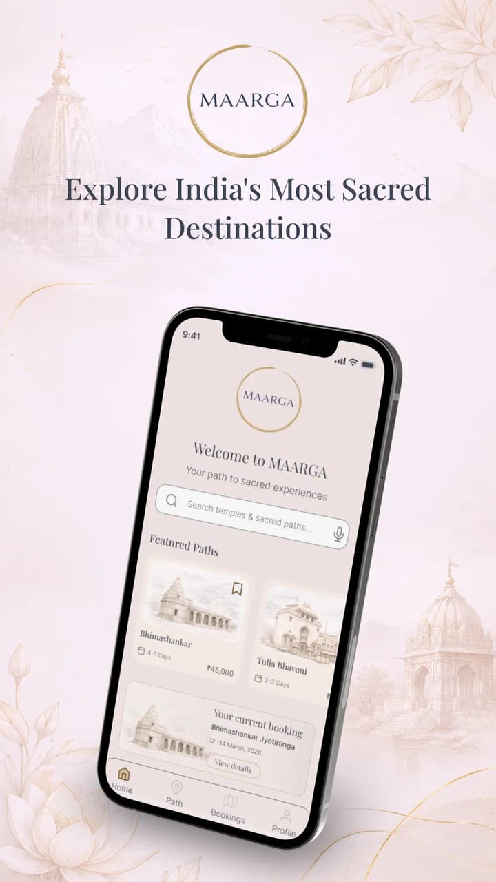 Maarga mobile product presentation showing sacred destinations and pilgrimage discovery
