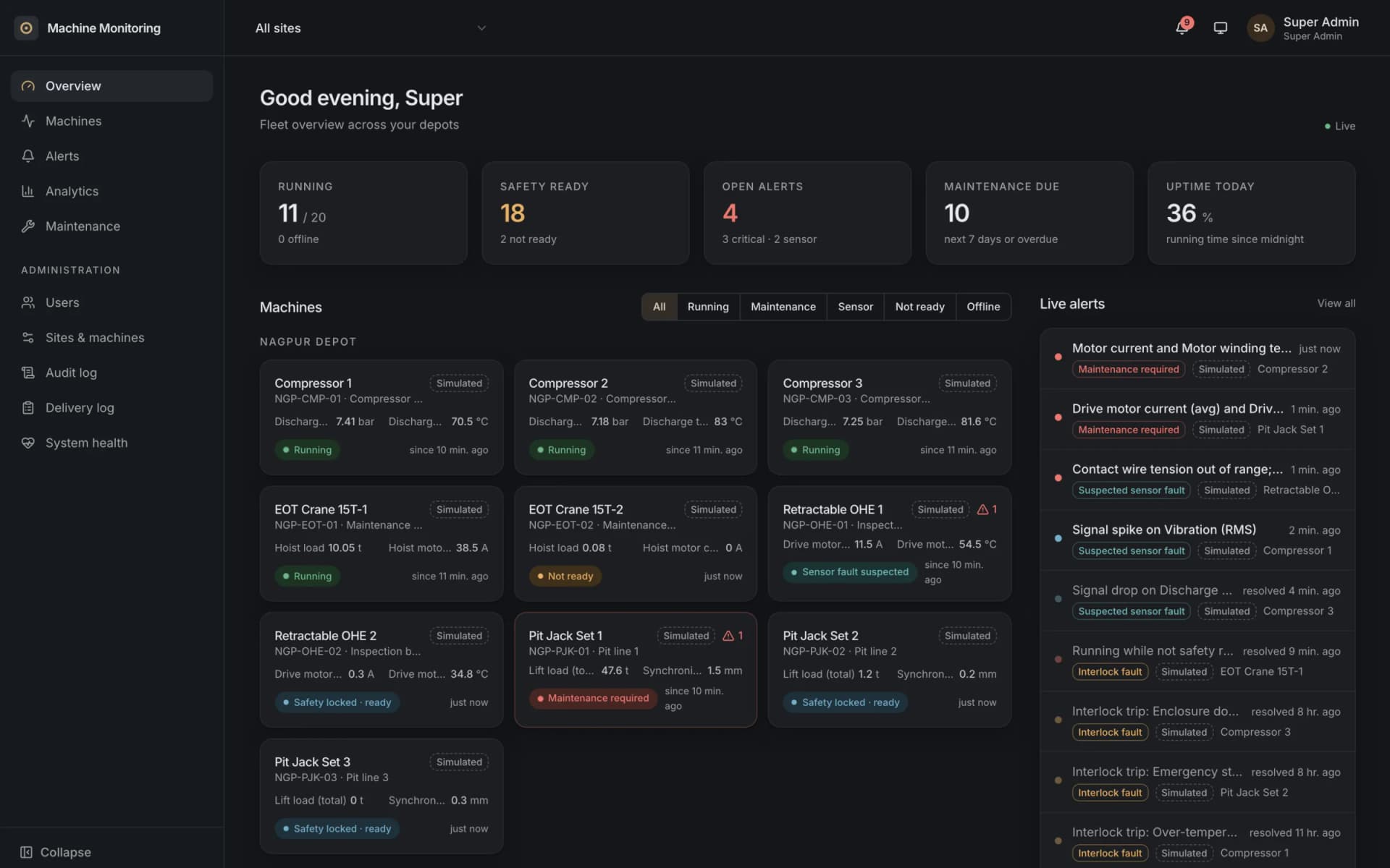 Machine Monitoring fleet overview in the graphite dark theme