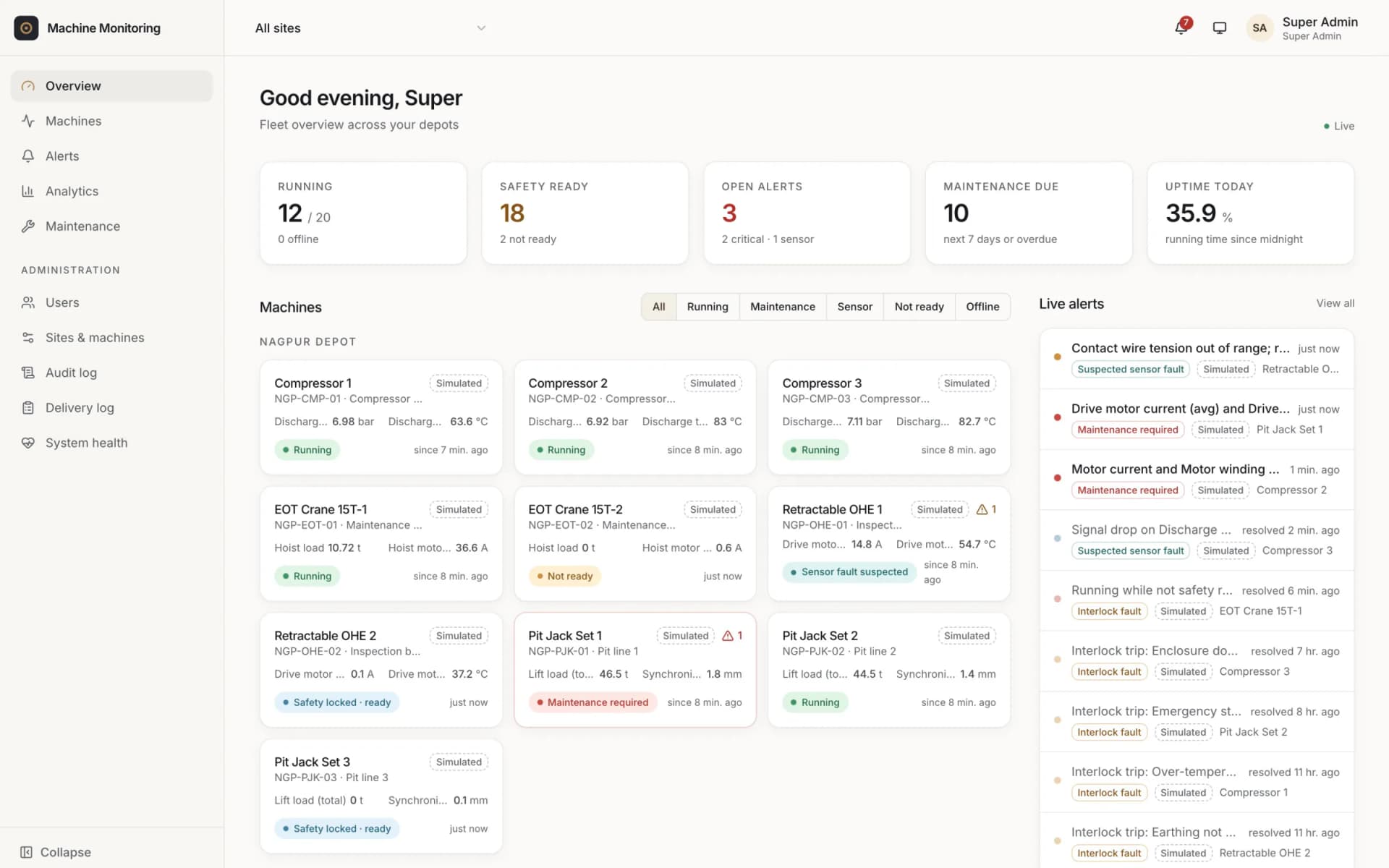 Machine Monitoring fleet overview with machine status cards, KPIs and an alert feed