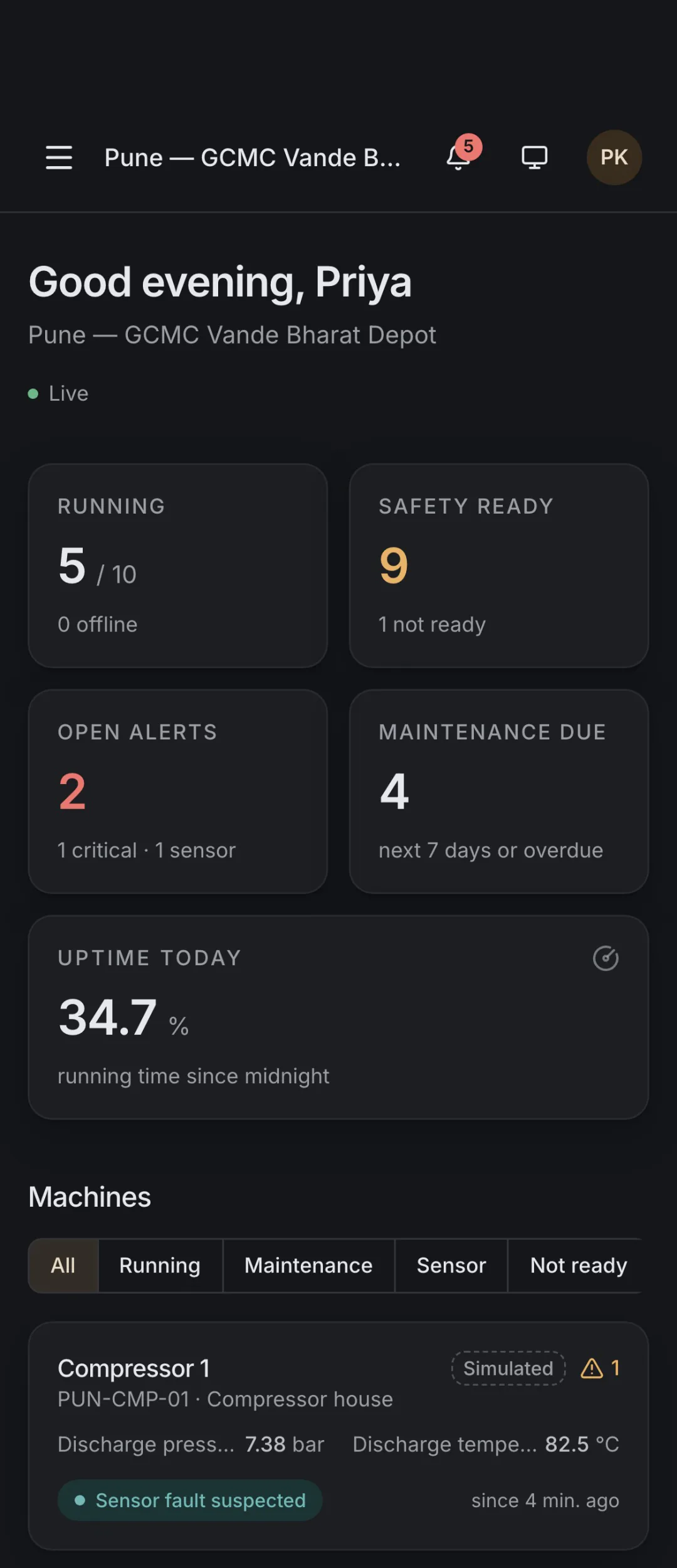 Machine Monitoring fleet overview on a phone in the dark theme