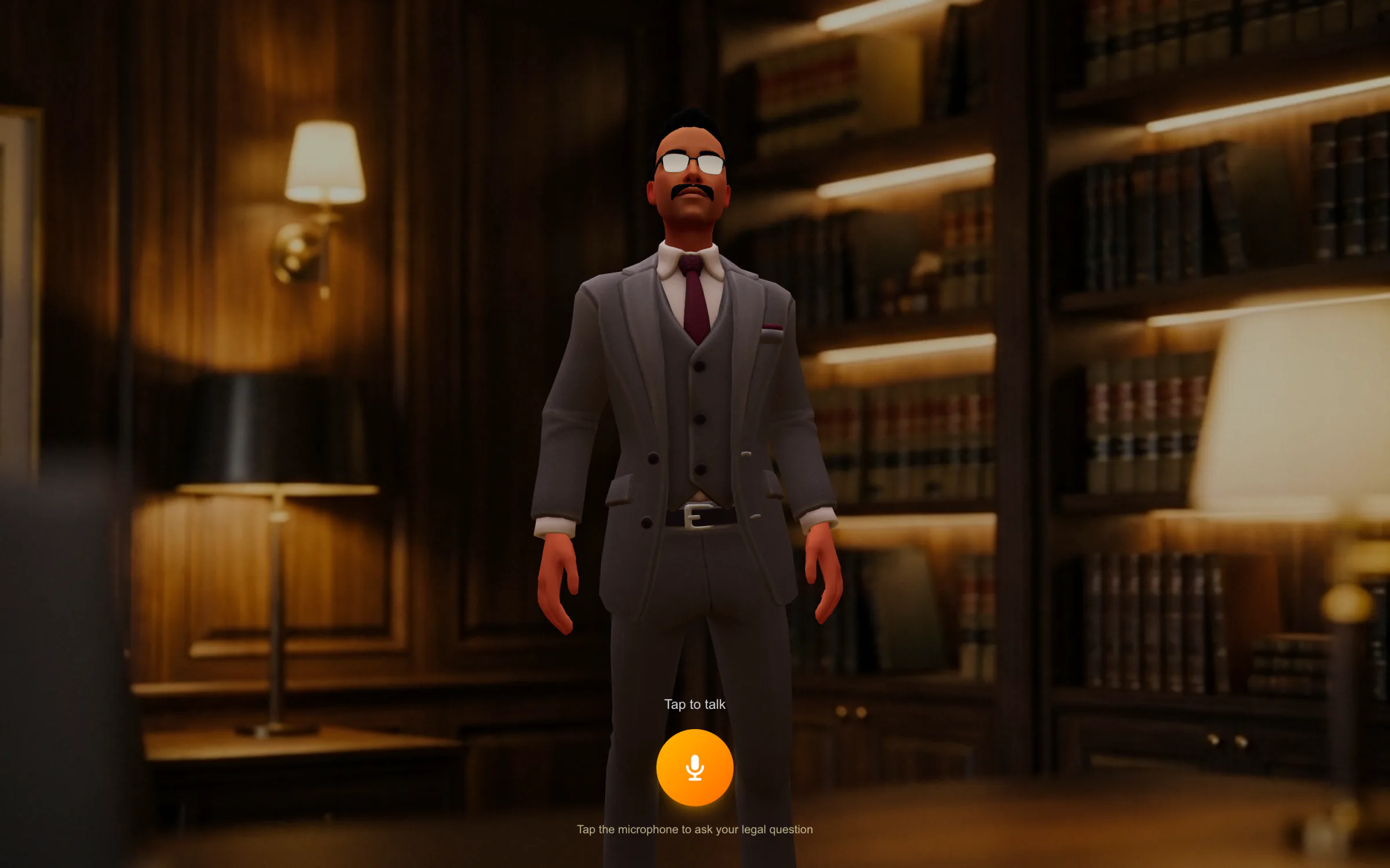 MunshiJee 3D voice assistant in a library setting with a tap-to-talk microphone button