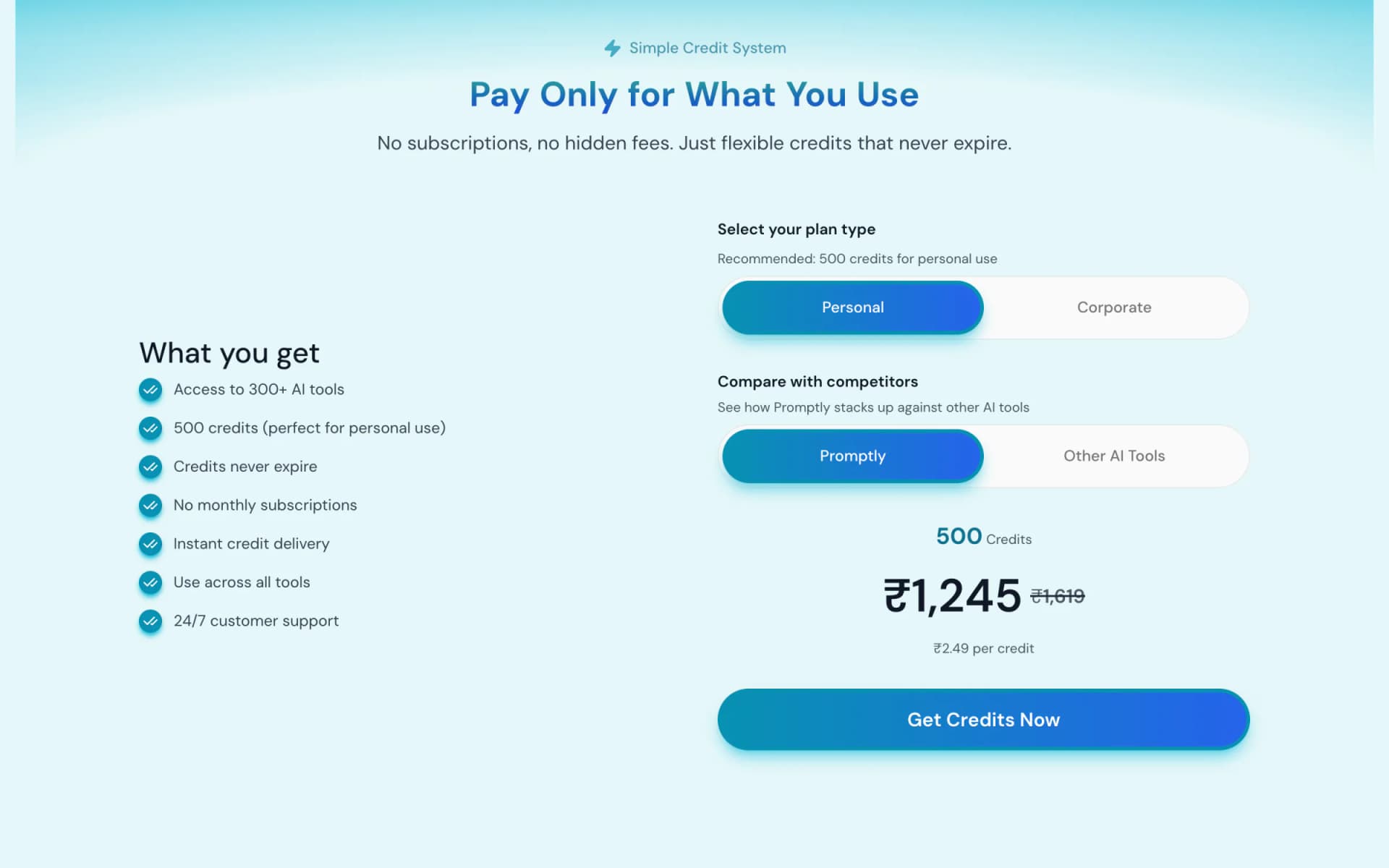Promptly AI pay-as-you-go credits and plans