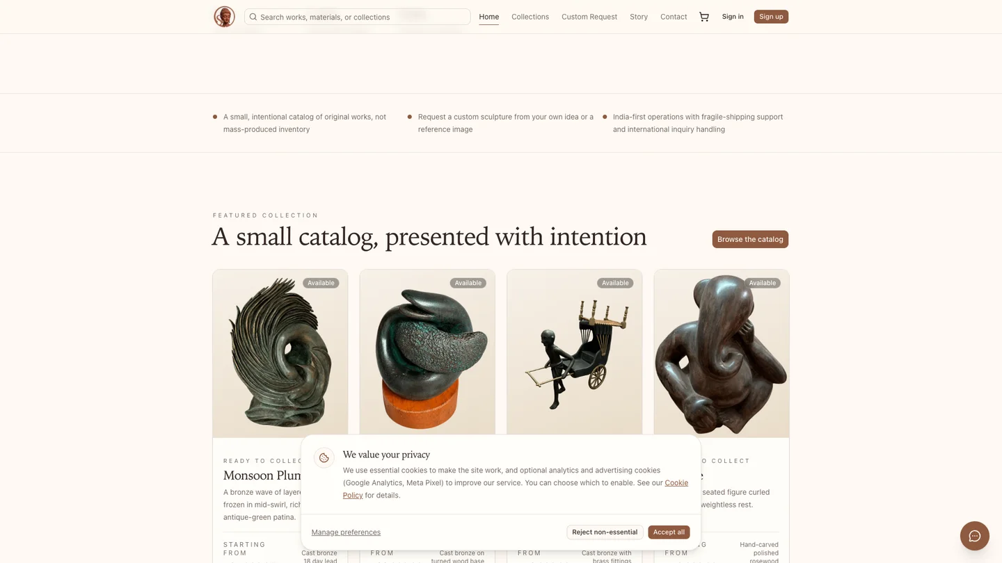 SculptIndia catalogue showing handcrafted sculptures and purchase options