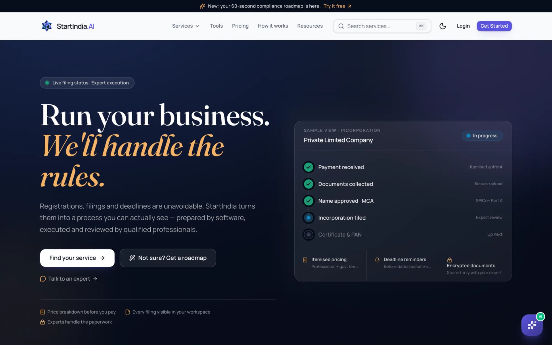StartIndia home page for business setup and compliance services