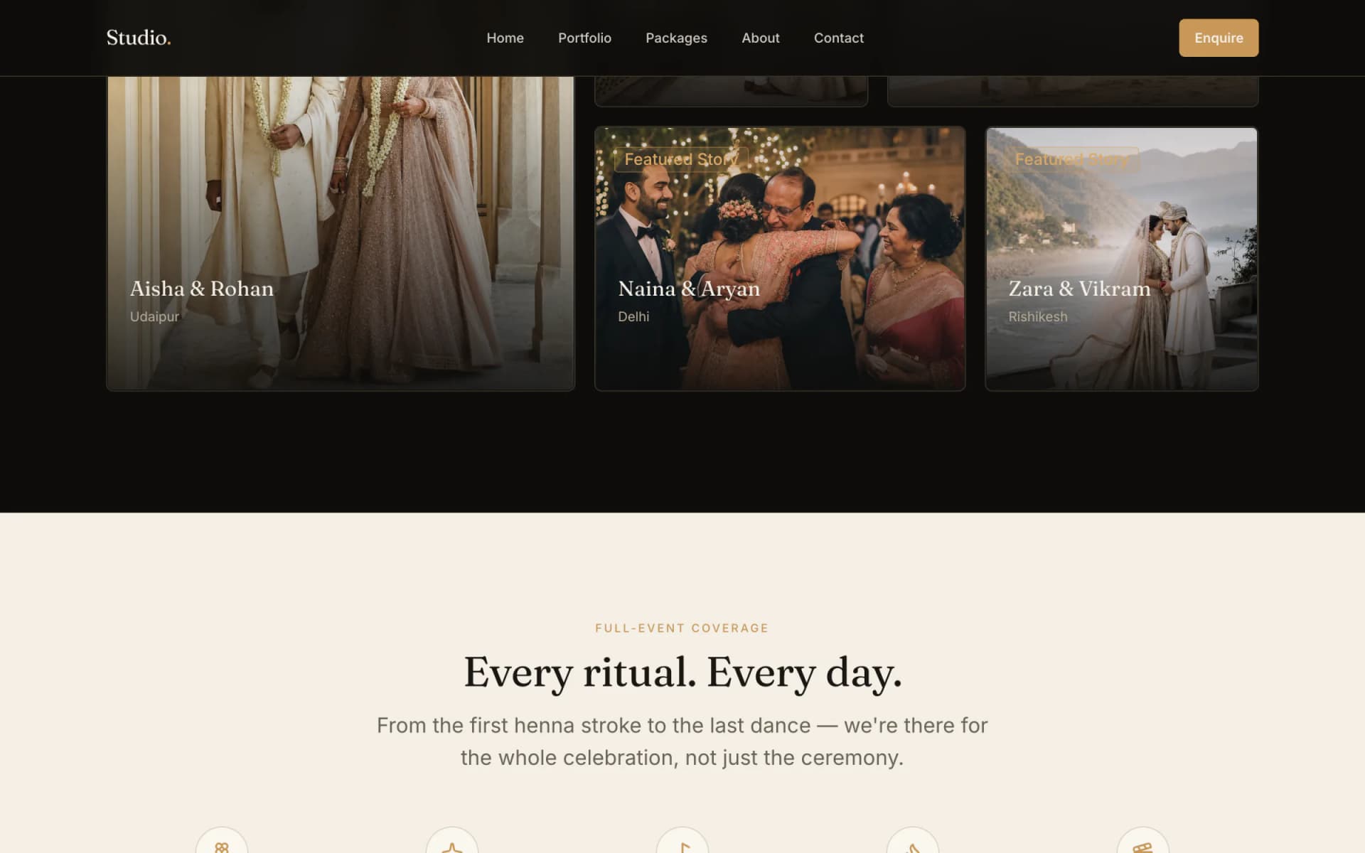 Featured wedding stories and a full-event coverage section