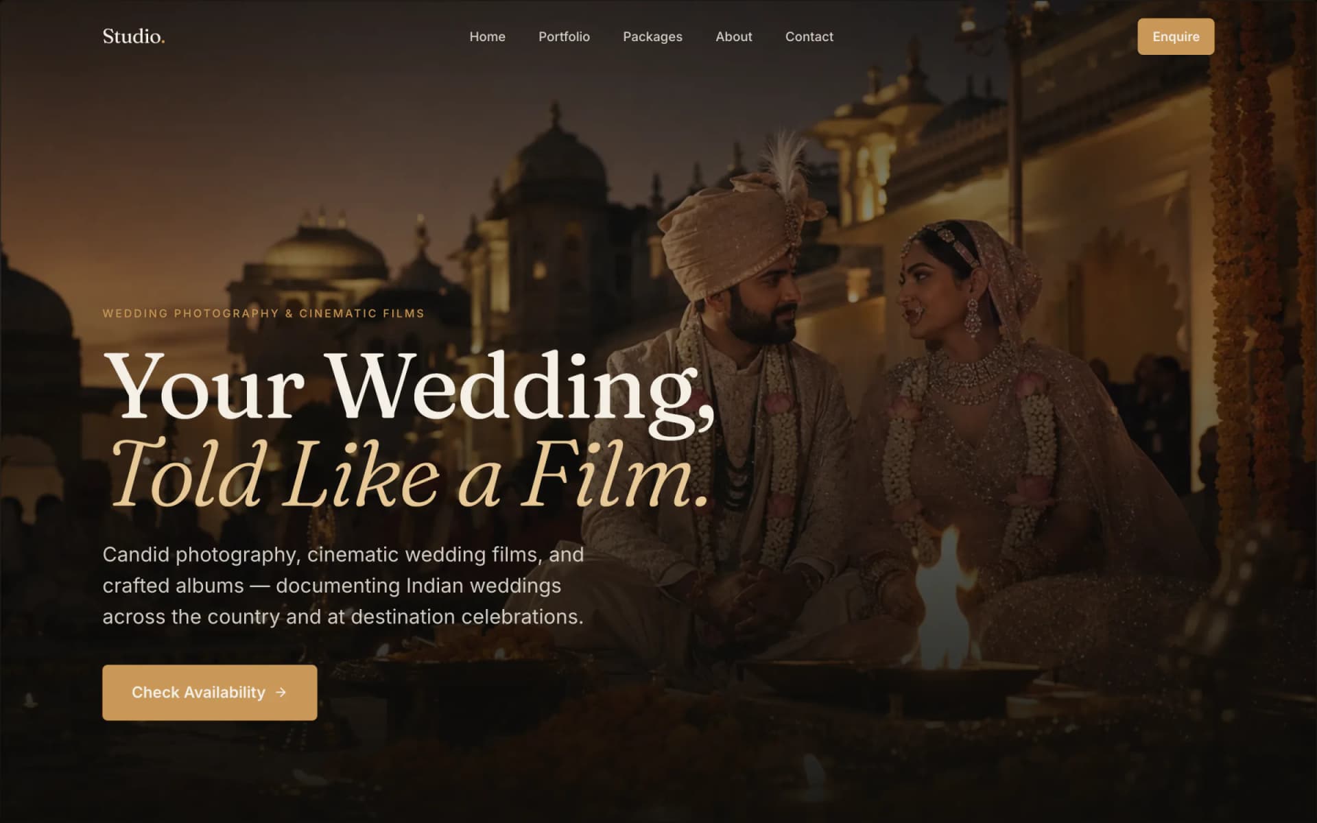 Wedding photography studio concept website with a cinematic editorial hero